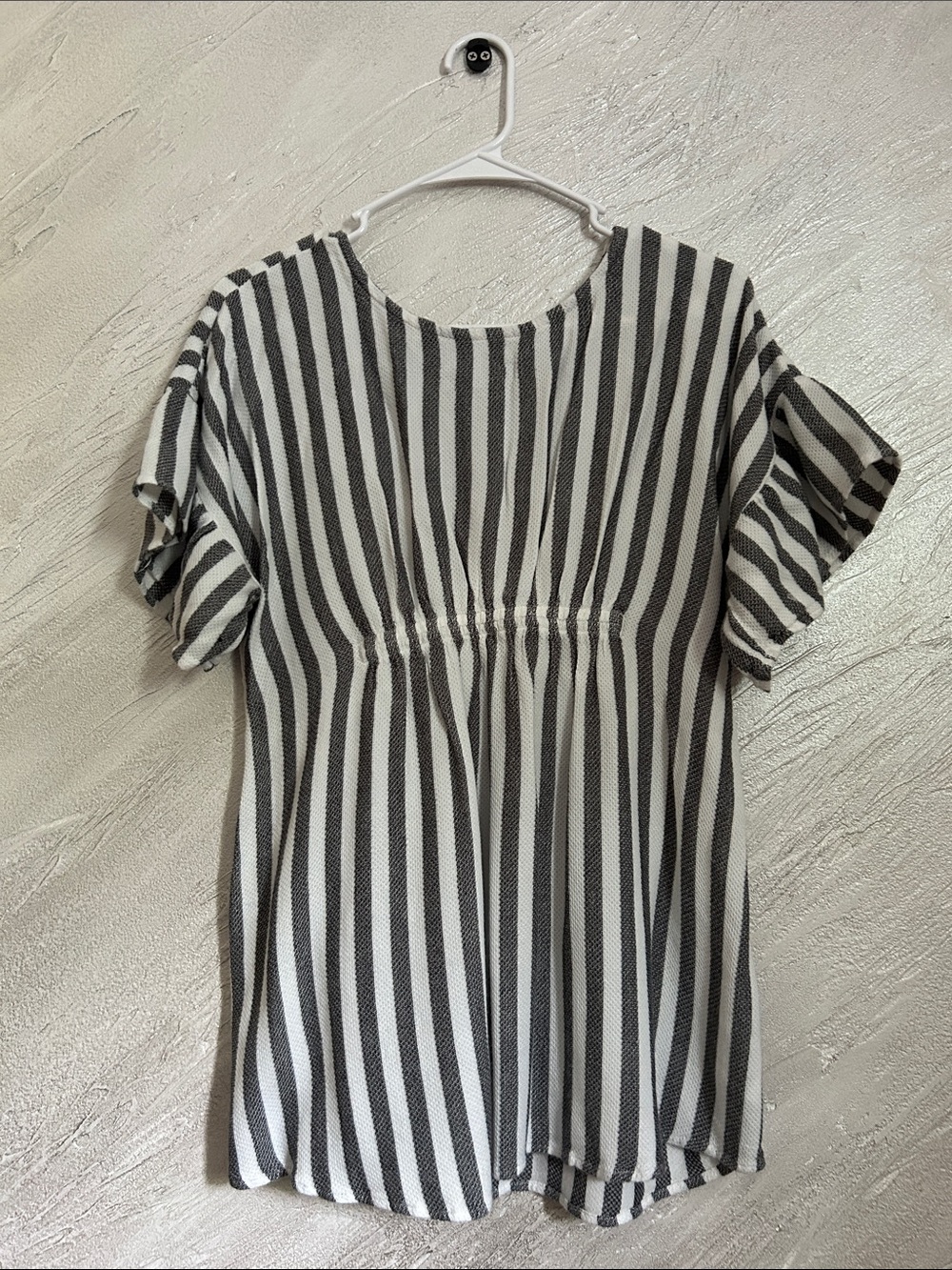 Motherhood Maternity Gray and White Vertical Stripe Short Sleeve Blouse
